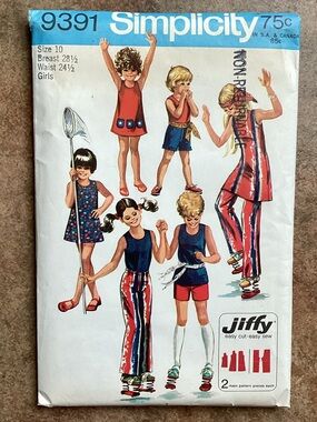 Vintage 1971 Simplicity 9391 Sewing Pattern Girls' Pants Dress Top, 70s